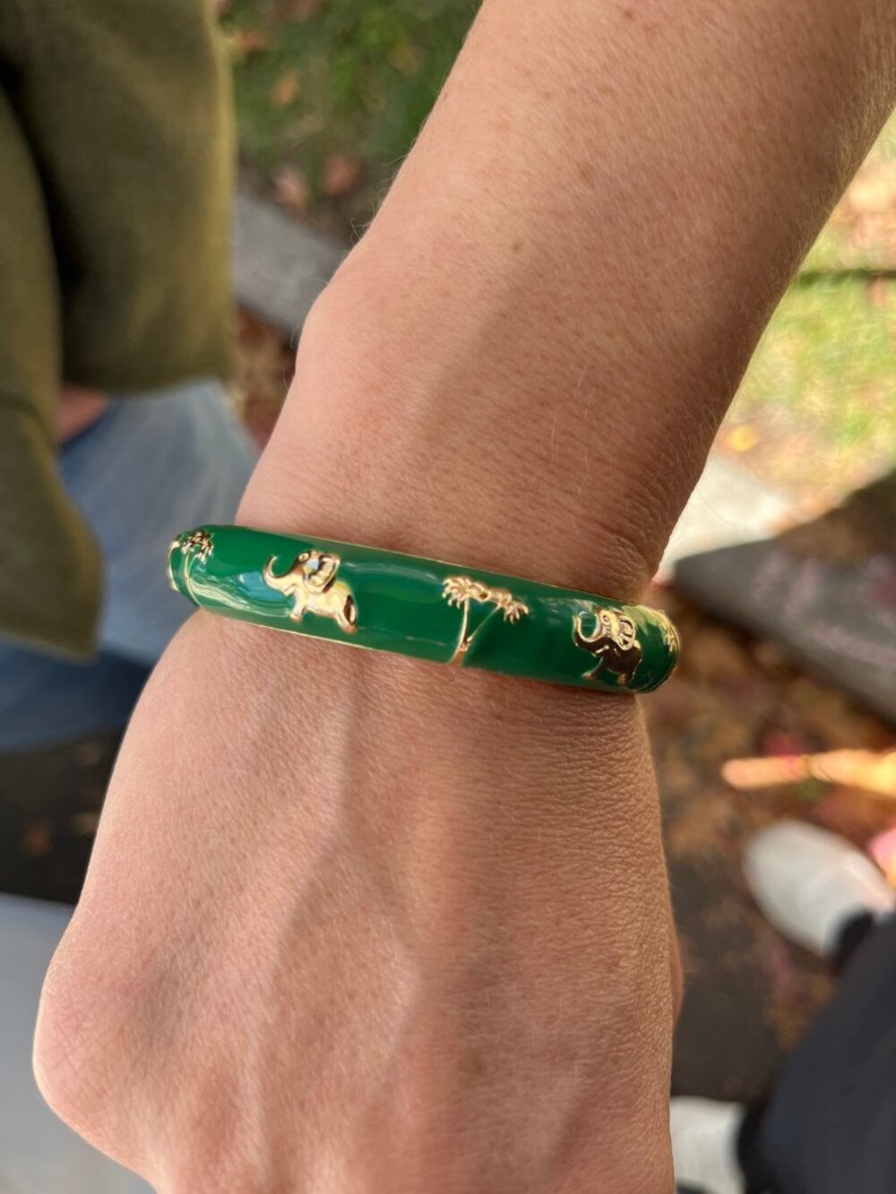 Green Enamel Elephant Cuff Bracelet Gold Tone Hinged Bangle